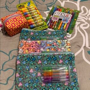 Colorful Cartoon Print Pouches with Gel Pens, Lot of 3